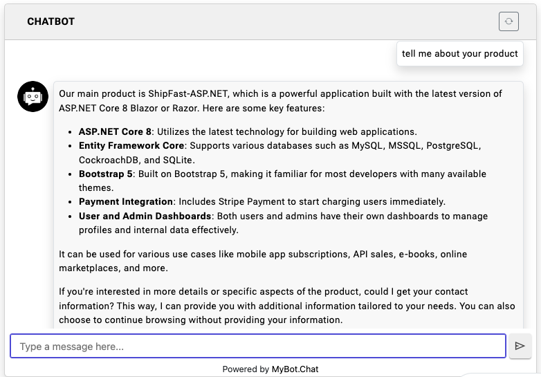 Example chatbot response correctly